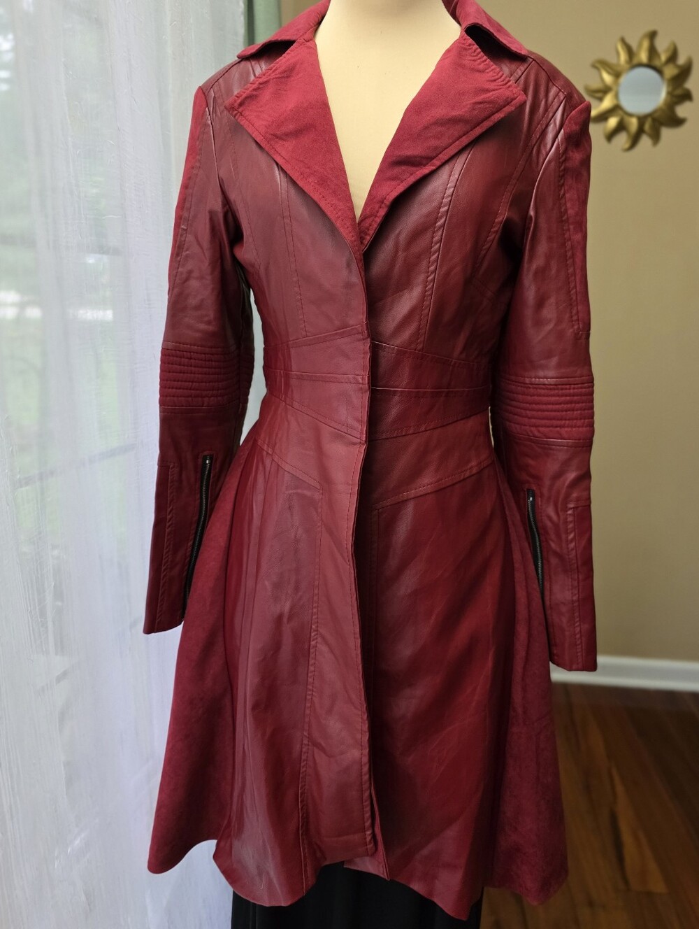 Crimson Witch Cosplay Coat Red Faux Leather Suede Longline Gothic Womens M